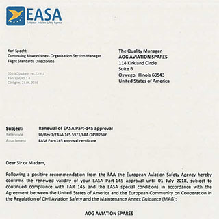 AOG Renewal of EASA Part-145 Approval